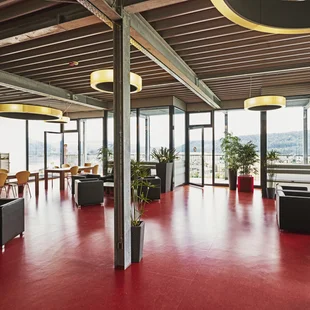 Restaurant modern mit Tisch und Sessel und Glasfront und rotem elastischem Bodenbelag - Restaurant modern mit Tisch und Sessel und Glasfront und rotem elastischem Bodenbelag