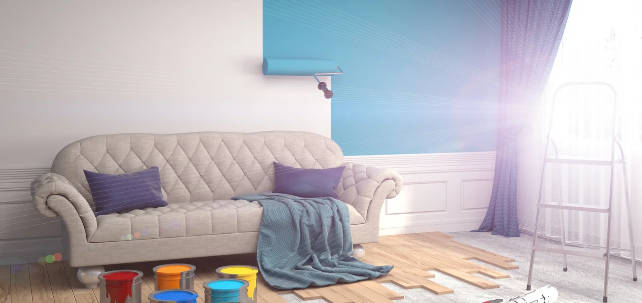 Dispersionen - Repair and painting of walls in room. 3D illustration. - Stock-Grafiken