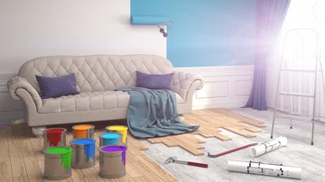 Repair and painting of walls in room. 3D illustration. - Stock-Grafiken